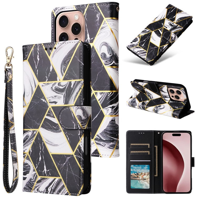For iPhone 16 Pro Case Lacquered Leather Phone Shell Marble Pattern Design - Black