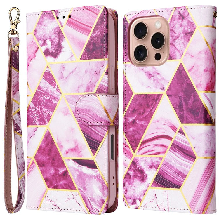 For iPhone 16 Pro Case Lacquered Leather Phone Shell Marble Pattern Design - Purple