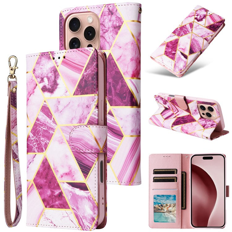 For iPhone 16 Pro Case Lacquered Leather Phone Shell Marble Pattern Design - Purple