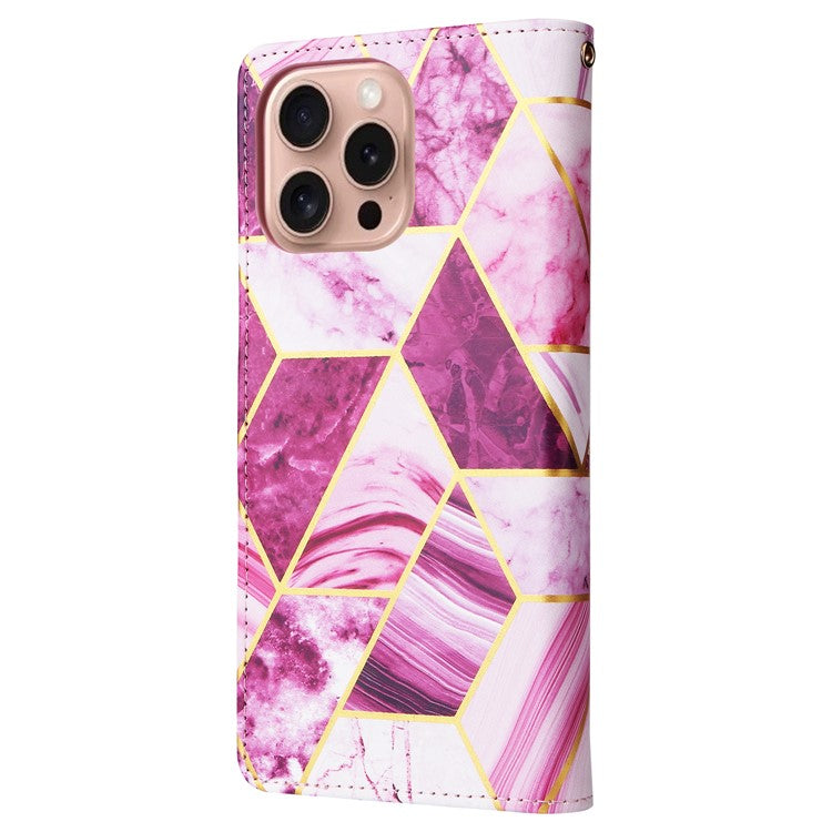For iPhone 16 Pro Case Lacquered Leather Phone Shell Marble Pattern Design - Purple