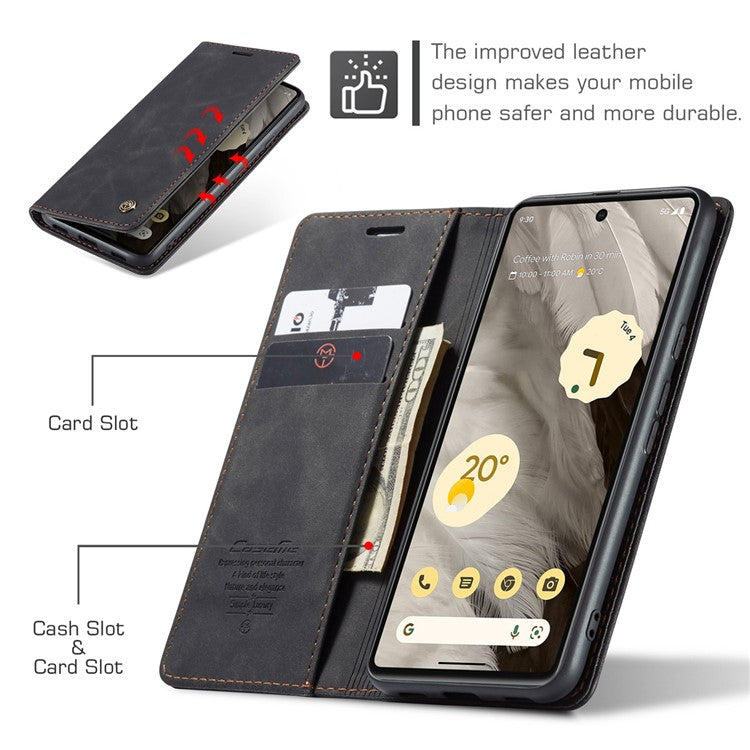 CASEME 013 Series For Google Pixel 7a Case Card Holder Stand Leather Phone Cover - Black