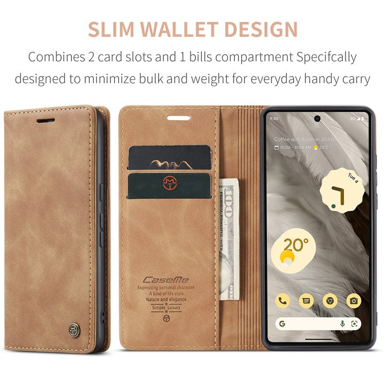 CASEME 013 Series For Google Pixel 7a Case Card Holder Stand Leather Phone Cover - Brown