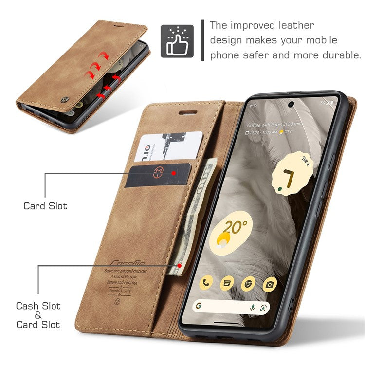 CASEME 013 Series For Google Pixel 7a Case Card Holder Stand Leather Phone Cover - Brown