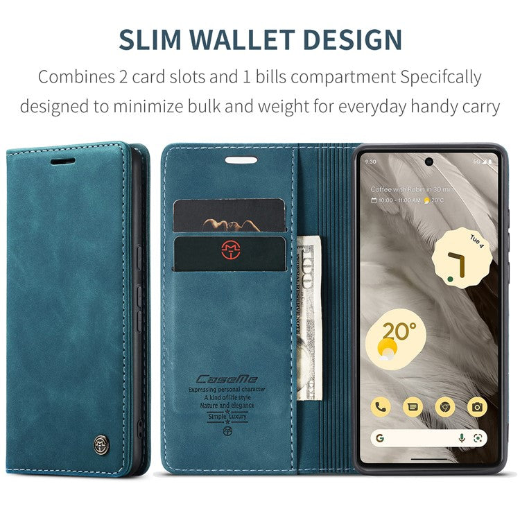 CASEME 013 Series For Google Pixel 7a Case Card Holder Stand Leather Phone Cover - Blue