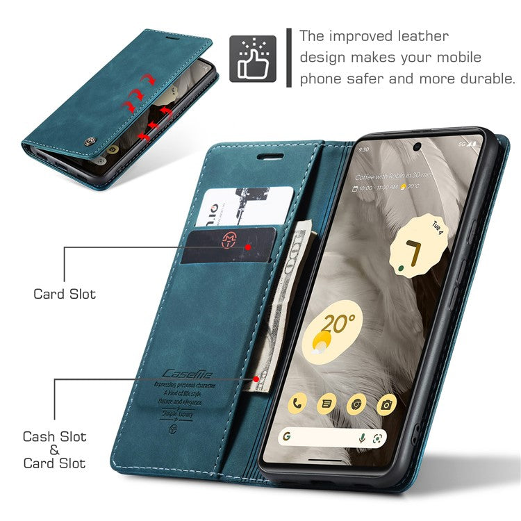 CASEME 013 Series For Google Pixel 7a Case Card Holder Stand Leather Phone Cover - Blue
