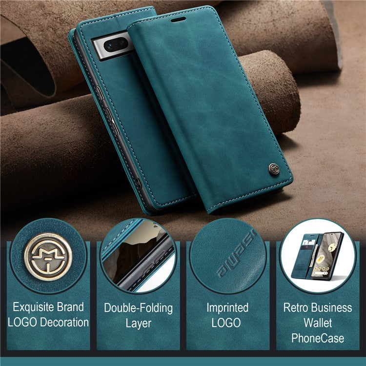 CASEME 013 Series For Google Pixel 7a Case Card Holder Stand Leather Phone Cover - Blue