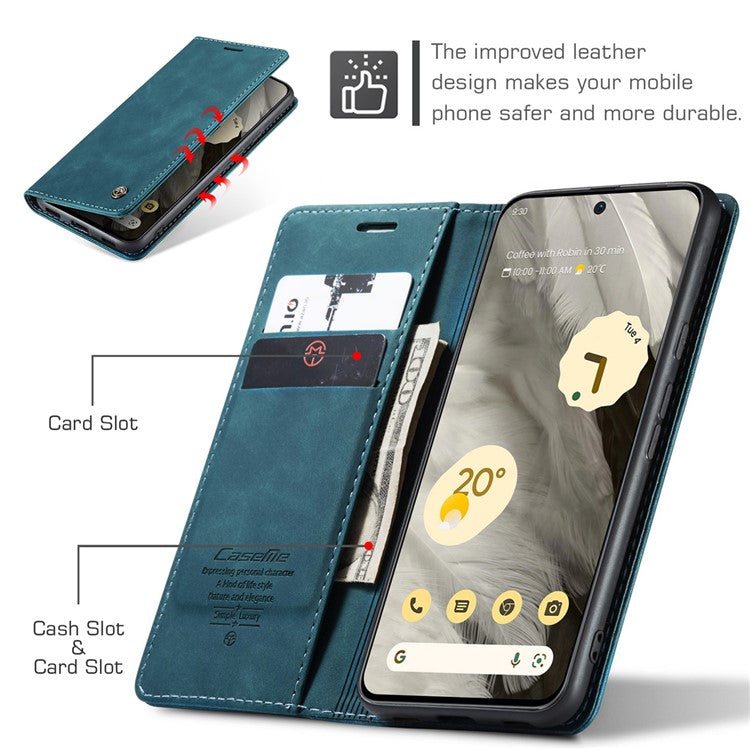 CASEME 013 Series For Google Pixel 8 Case Magnetic PU Leather Phone Cover with Stand - Blue