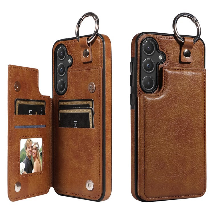 003 For Samsung Galaxy A55 5G Case Card Slots Ring Kickstand PU Leather+TPU Phone Cover - Brown