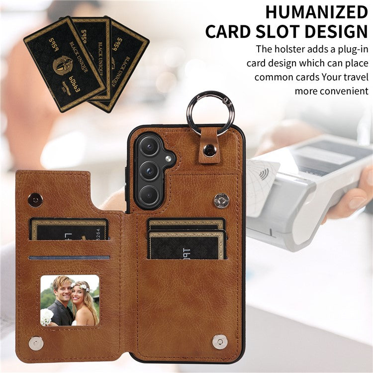 003 For Samsung Galaxy A55 5G Case Card Slots Ring Kickstand PU Leather+TPU Phone Cover - Brown