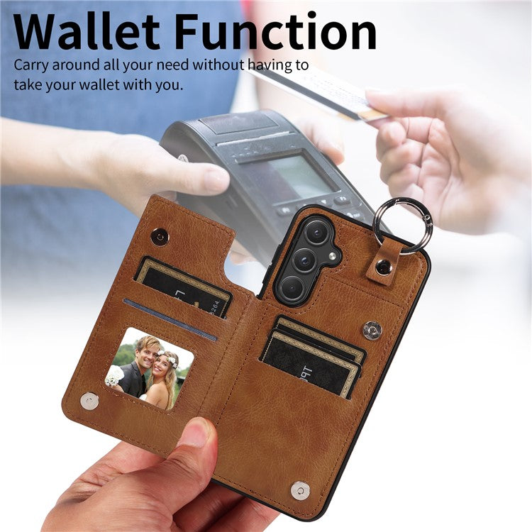 003 For Samsung Galaxy A55 5G Case Card Slots Ring Kickstand PU Leather+TPU Phone Cover - Brown