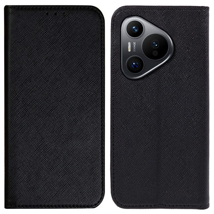 For Huawei Pura 70 Case Cross Texture Leather Flip Phone Cover Magnetic Absorption - Black
