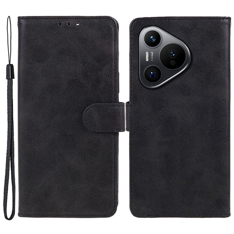 For Huawei Pura 70 Stand Case Calf Texture Leather Phone Cover with Wallet - Black