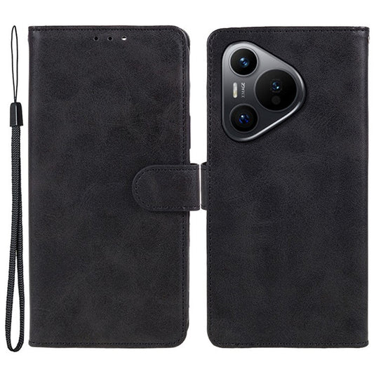 For Huawei Pura 70 Stand Case Calf Texture Leather Phone Cover with Wallet - Black