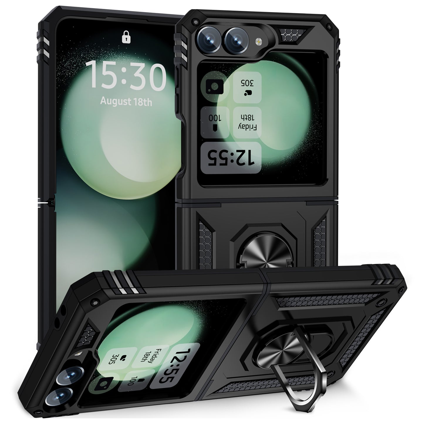 For Samsung Galaxy Z Flip5 5G Case TPU+PC Phone Cover with Ring Kickstand Drop Protection - Black