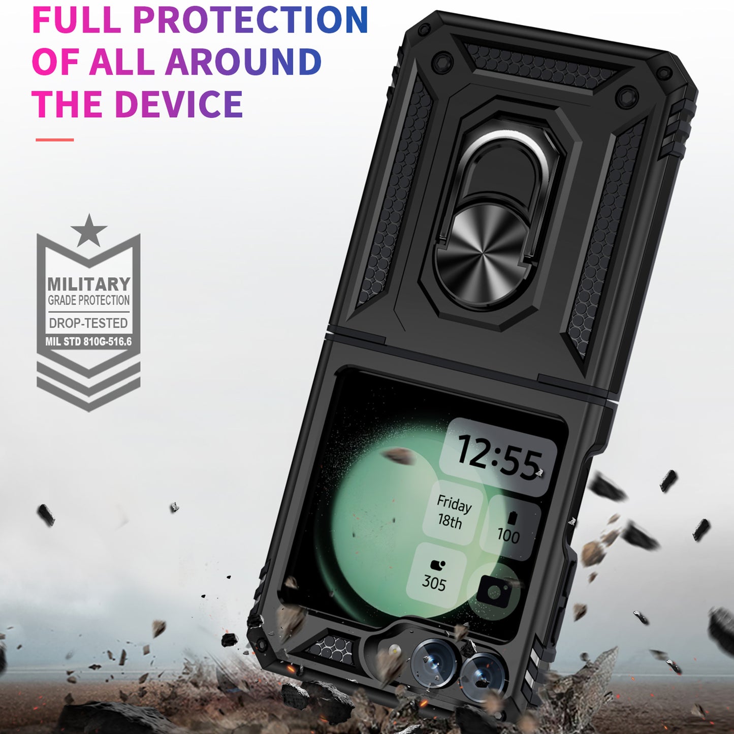 For Samsung Galaxy Z Flip5 5G Case TPU+PC Phone Cover with Ring Kickstand Drop Protection - Black