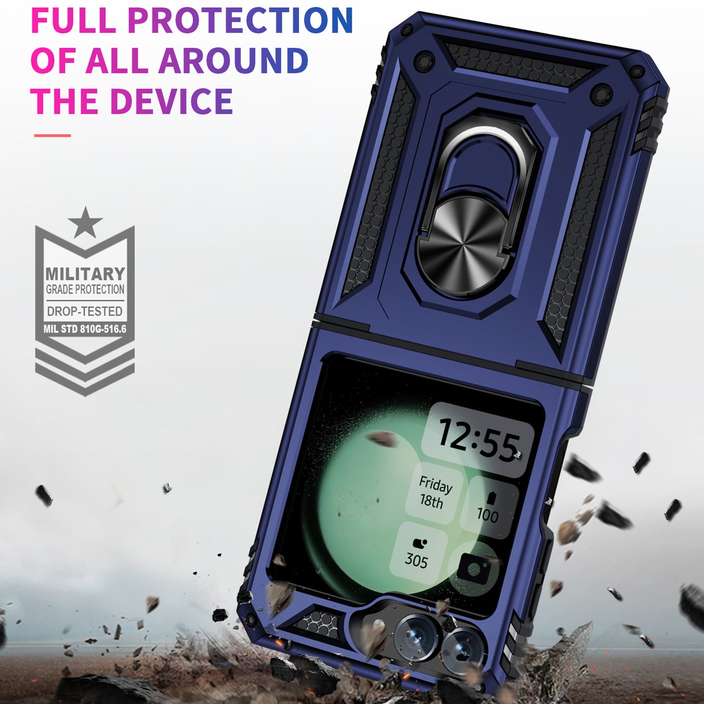 For Samsung Galaxy Z Flip5 5G Case TPU+PC Phone Cover with Ring Kickstand Drop Protection - Blue