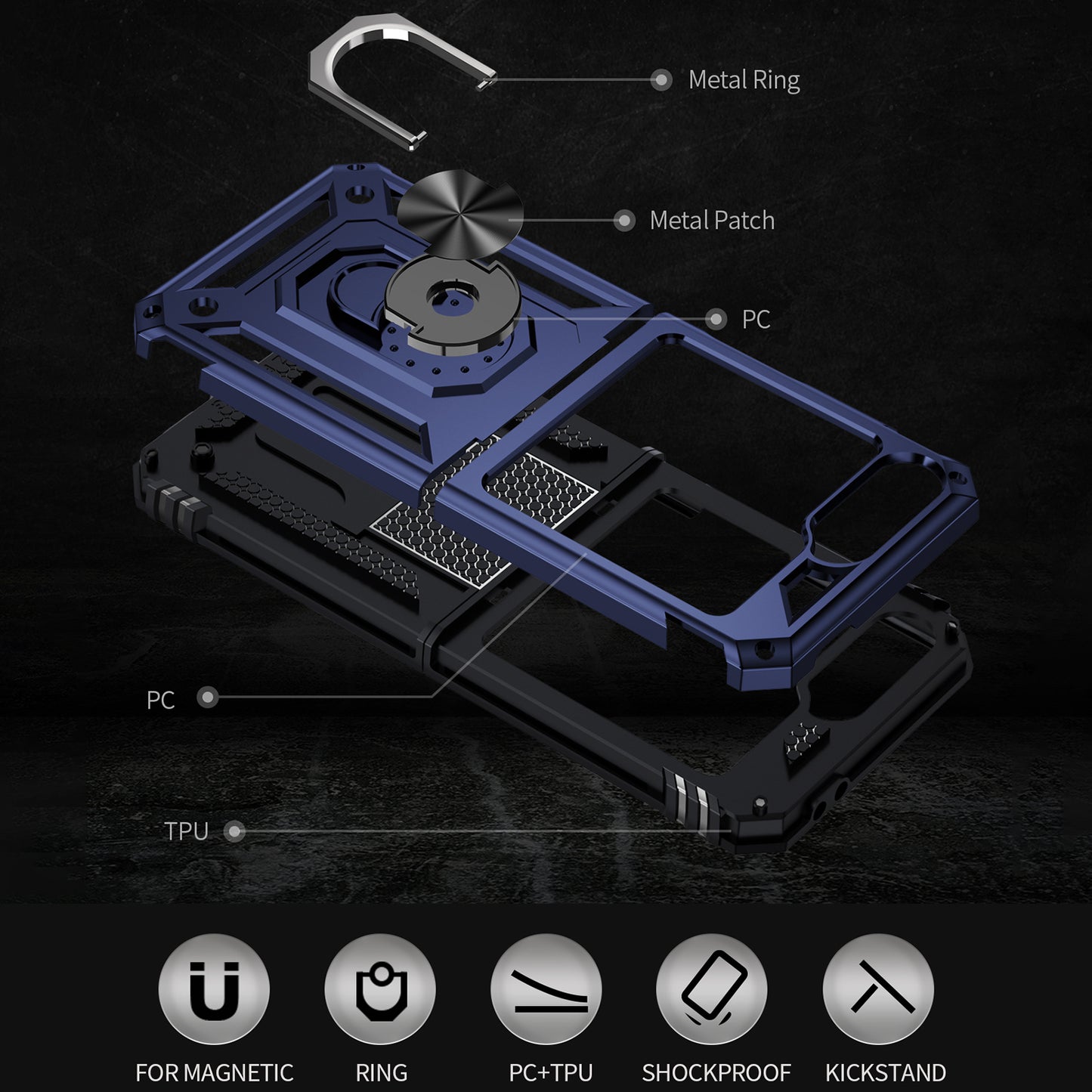 For Samsung Galaxy Z Flip5 5G Case TPU+PC Phone Cover with Ring Kickstand Drop Protection - Blue