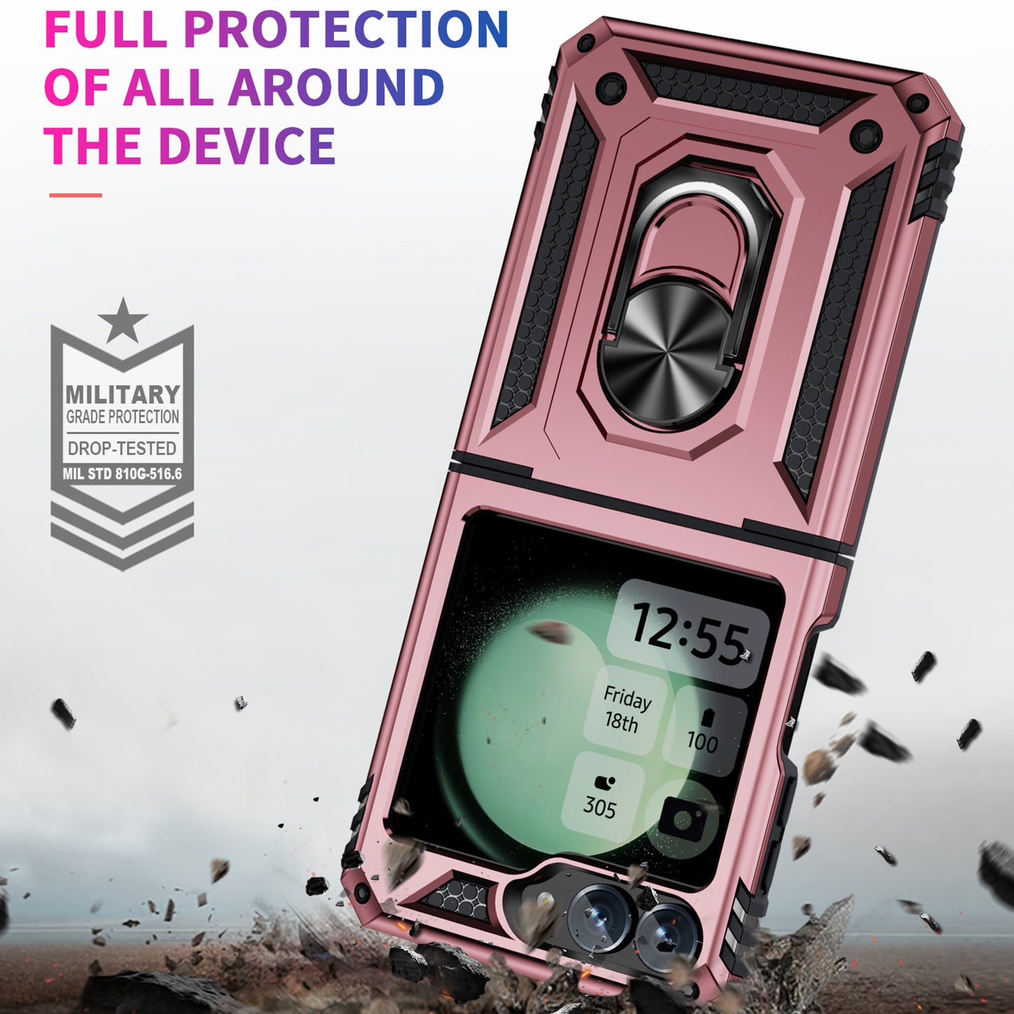 For Samsung Galaxy Z Flip5 5G Case TPU+PC Phone Cover with Ring Kickstand Drop Protection - Rose Gold