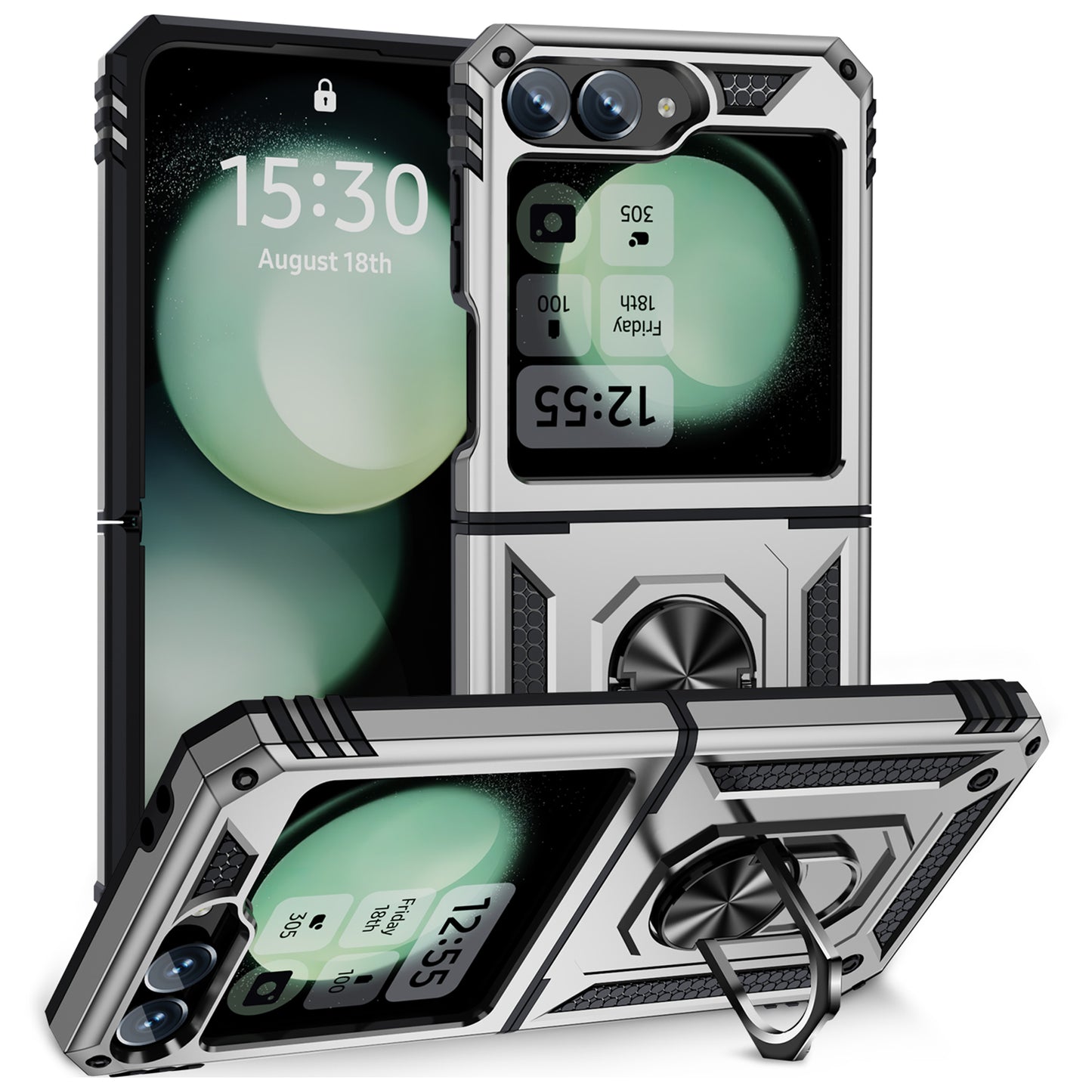 For Samsung Galaxy Z Flip5 5G Case TPU+PC Phone Cover with Ring Kickstand Drop Protection - Silver