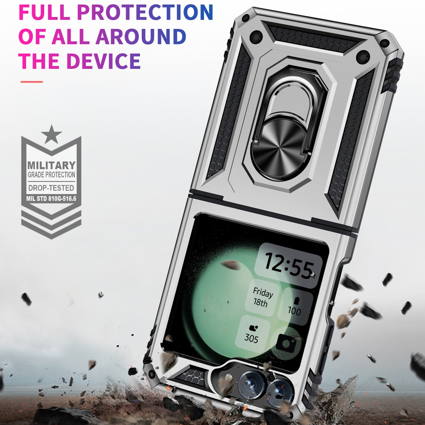 For Samsung Galaxy Z Flip5 5G Case TPU+PC Phone Cover with Ring Kickstand Drop Protection - Silver