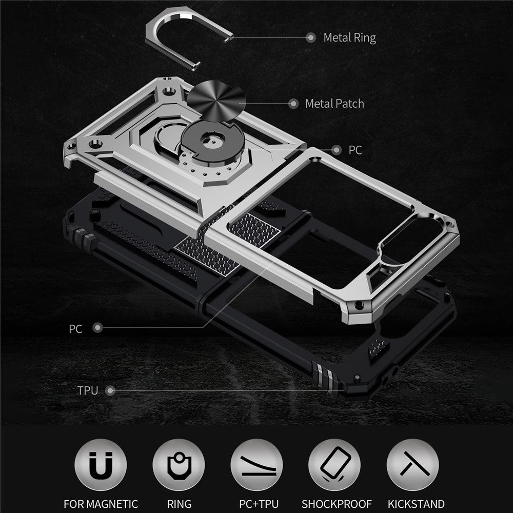 For Samsung Galaxy Z Flip7 FE 5G / Z Flip6 5G Case TPU+PC Phone Cover with Ring Kickstand Drop Protection - Silver