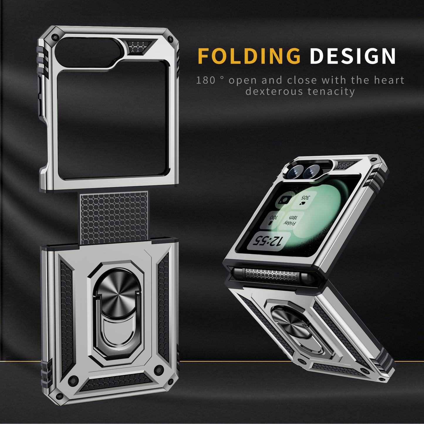 For Samsung Galaxy Z Flip5 5G Case TPU+PC Phone Cover with Ring Kickstand Drop Protection - Silver