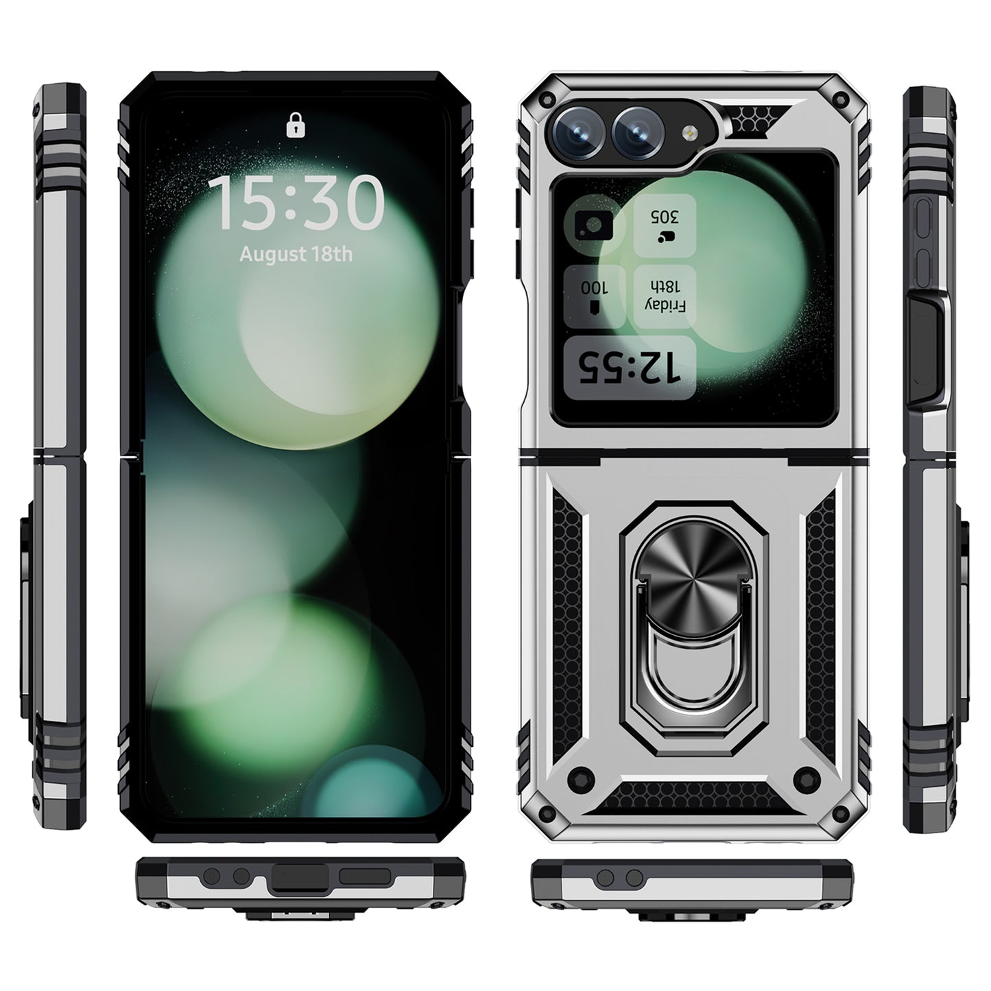 For Samsung Galaxy Z Flip5 5G Case TPU+PC Phone Cover with Ring Kickstand Drop Protection - Silver