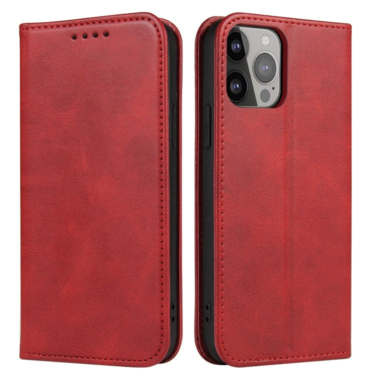 For iPhone 16 Pro Case Leather Phone Cover Strong Magnetic Card Holder - Red