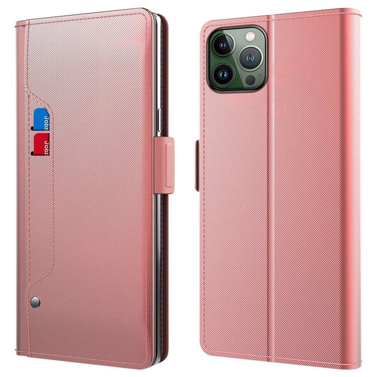 For iPhone 16 Pro Case Card Slot Mirror PU Leather Folio Phone Cover - Rose Gold