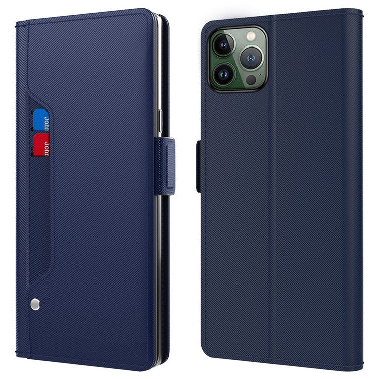 For iPhone 16 Pro Case Card Slot Mirror PU Leather Folio Phone Cover - Blue