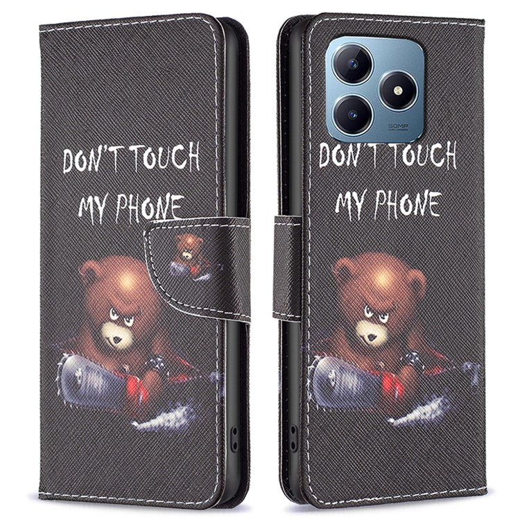 For Realme C61 4G / C63 4G Case Pattern PU Leather Phone Cover Card Slots Folding Stand - Bear