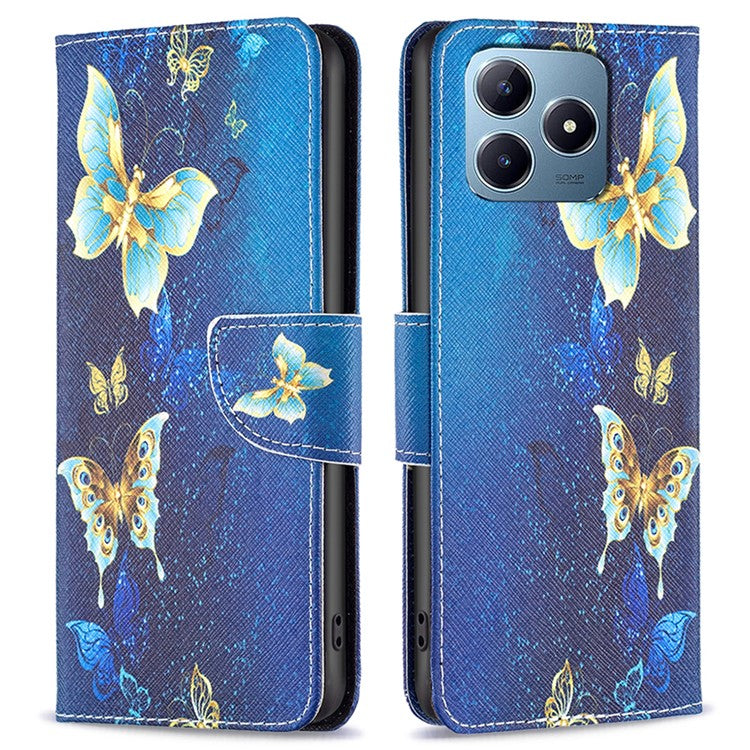 For Realme C61 4G / C63 4G Case Pattern PU Leather Phone Cover Card Slots Folding Stand - Golden Butterflies