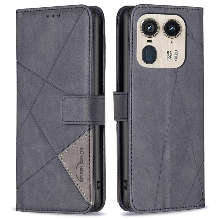 BINFEN COLOR BF05 For Motorola Edge 50 Ultra 5G / Moto X50 Ultra 5G Case Leather Phone Cover Geometry Imprinted - Black