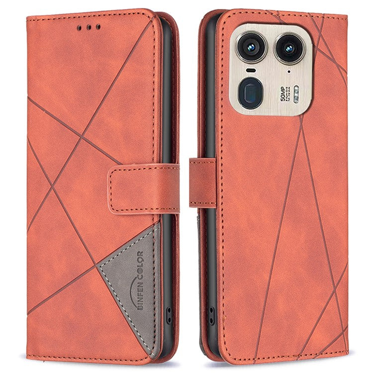 BINFEN COLOR BF05 For Motorola Edge 50 Ultra 5G / Moto X50 Ultra 5G Case Leather Phone Cover Geometry Imprinted - Brown