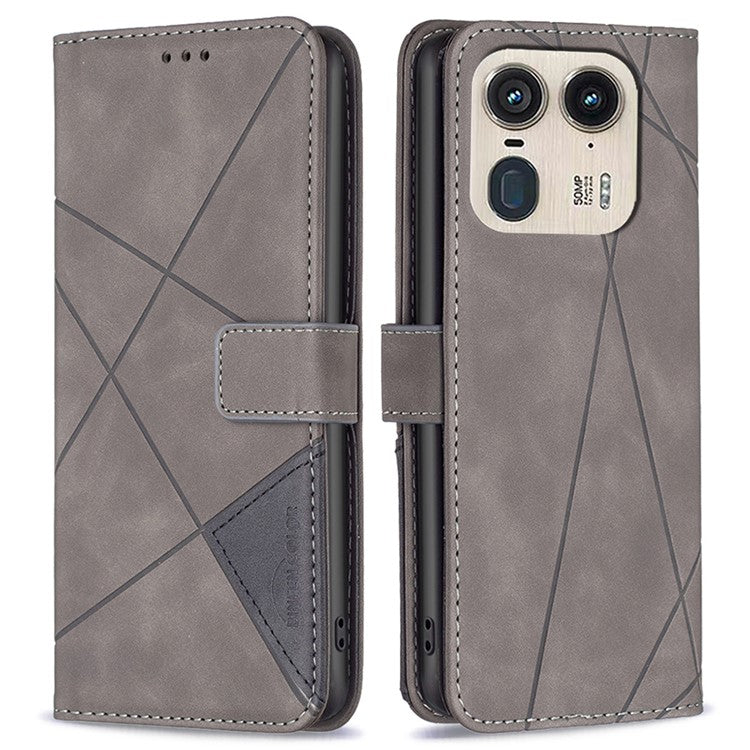 BINFEN COLOR BF05 For Motorola Edge 50 Ultra 5G / Moto X50 Ultra 5G Case Leather Phone Cover Geometry Imprinted - Grey
