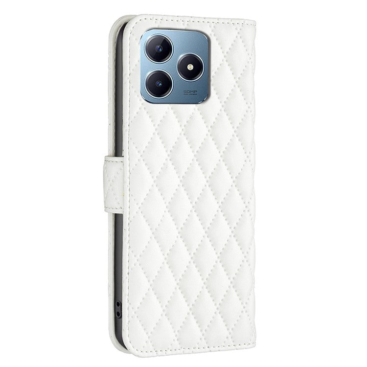 BINFEN COLOR BF Style-14 For Realme C61 4G / C63 4G Case Leather Phone Cover Rhombus Grid Wallet - White