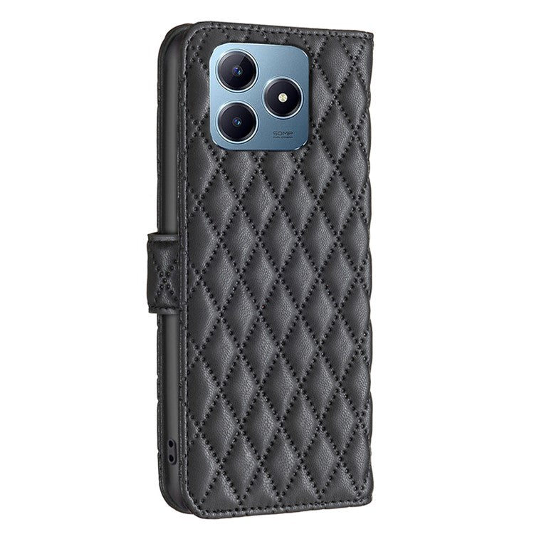 BINFEN COLOR BF Style-14 For Realme C61 4G / C63 4G Case Leather Phone Cover Rhombus Grid Wallet - Black