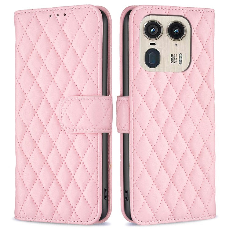BINFEN COLOR BF Style-14 For Motorola Edge 50 Ultra 5G / Moto X50 Ultra 5G Case Rhombus Grid Folio Leather Cell Phone Cover - Pink