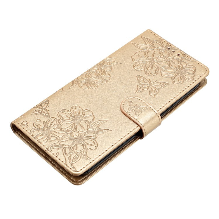 For Samsung Galaxy A22 4G (EU Version) Case Sakura Butterfly Imprint Leather Wallet Phone Cover - Gold