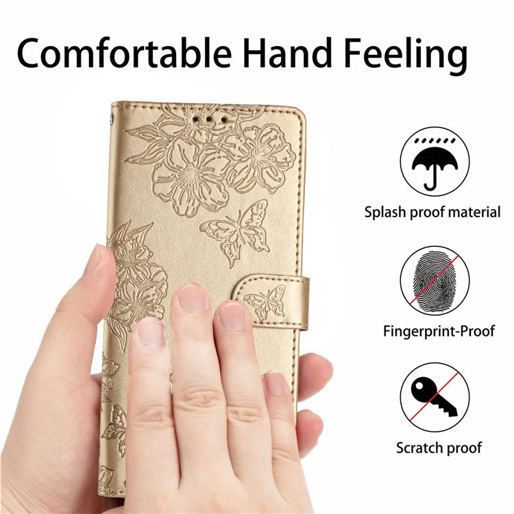 For Samsung Galaxy A22 4G (EU Version) Case Sakura Butterfly Imprint Leather Wallet Phone Cover - Gold