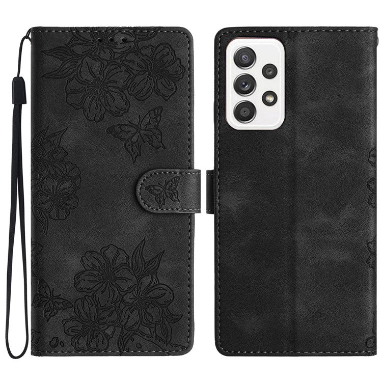 For Samsung Galaxy A33 5G Case Sakura Butterfly Pattern Leather Wallet Mobile Phone Cover - Black