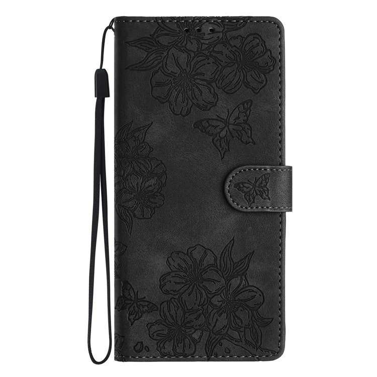For Samsung Galaxy A33 5G Case Sakura Butterfly Pattern Leather Wallet Mobile Phone Cover - Black