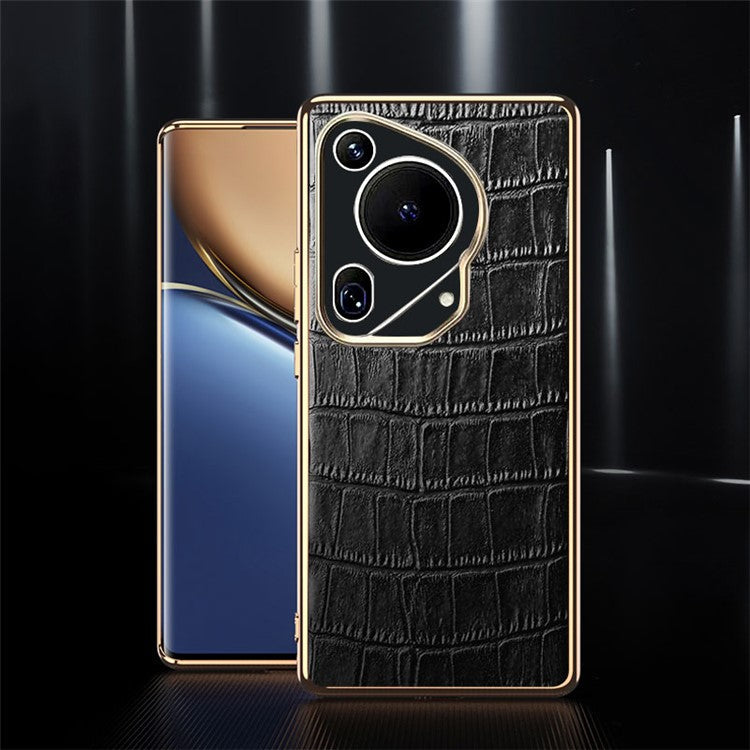 For Huawei Pura 70 Ultra Case Crocodile Texture Anti-Fall Genuine Cow Leather+TPU Phone Cover - Black