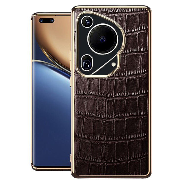 For Huawei Pura 70 Ultra Case Crocodile Texture Anti-fall Genuine Cow Leather+TPU Phone Cover - Coffee
