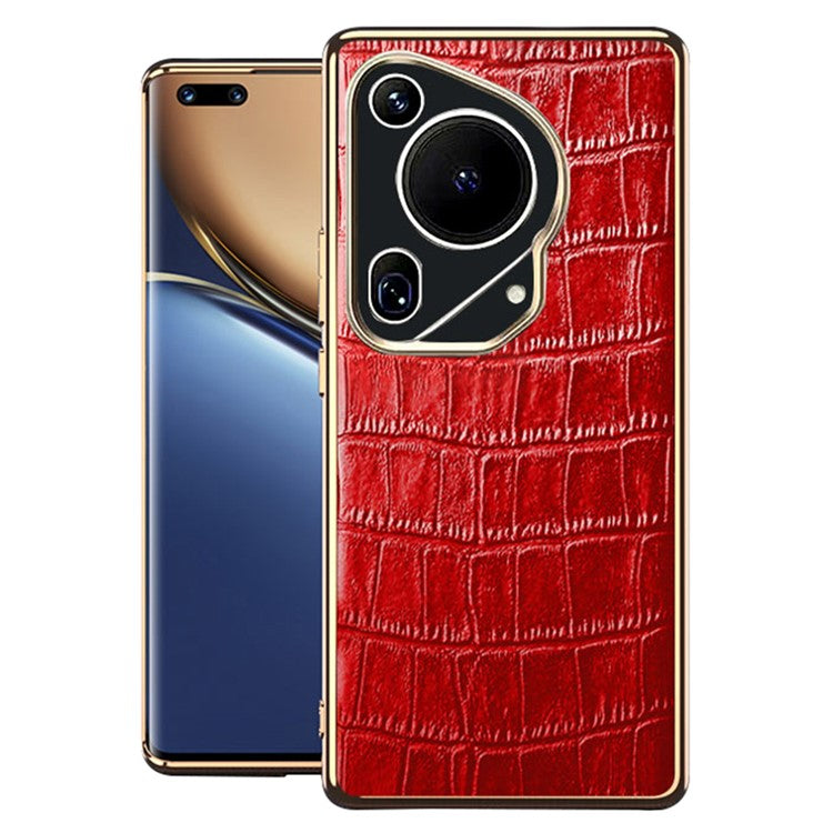 For Huawei Pura 70 Ultra Case Crocodile Texture Anti-fall Genuine Cow Leather+TPU Phone Cover - Red