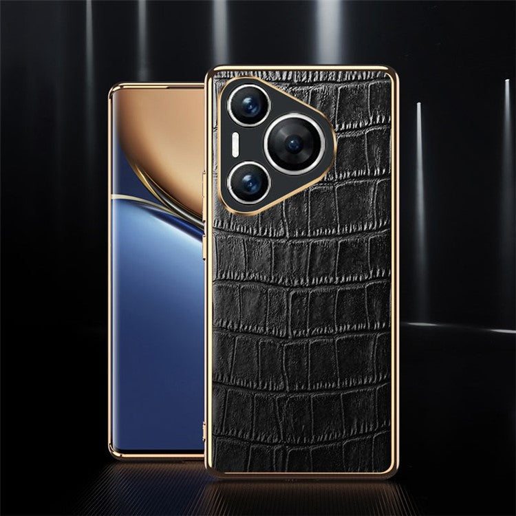 For Huawei Pura 70 Case Crocodile Texture Genuine Cow Leather+TPU Phone Cover - Black