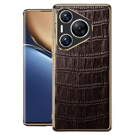 For Huawei Pura 70 Case Crocodile Texture Genuine Cow Leather+TPU Phone Cover - Coffee