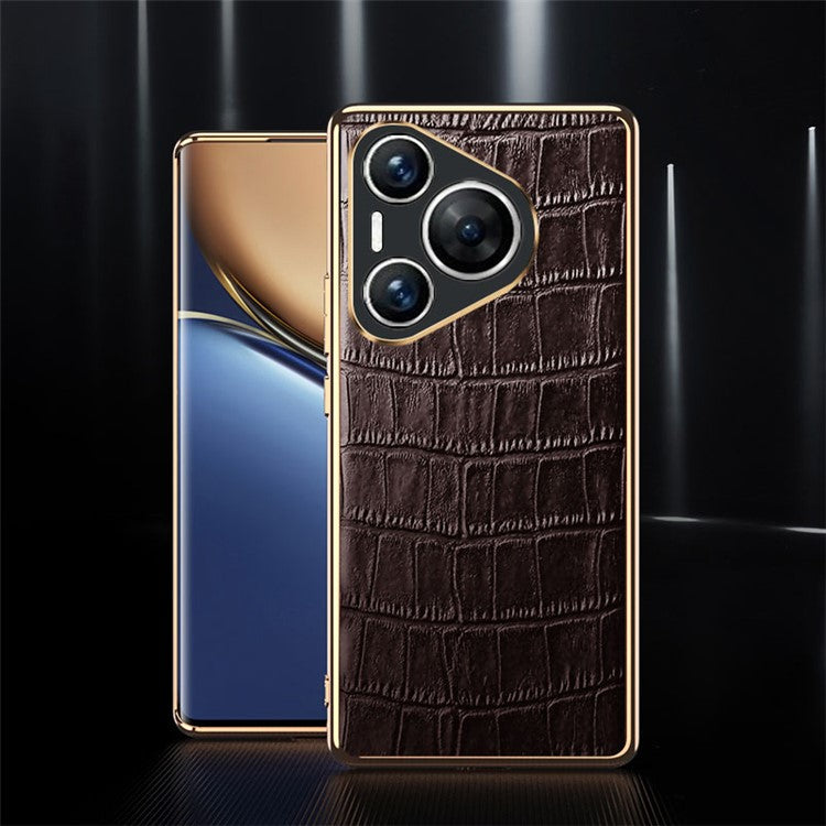 For Huawei Pura 70 Case Crocodile Texture Genuine Cow Leather+TPU Phone Cover - Coffee