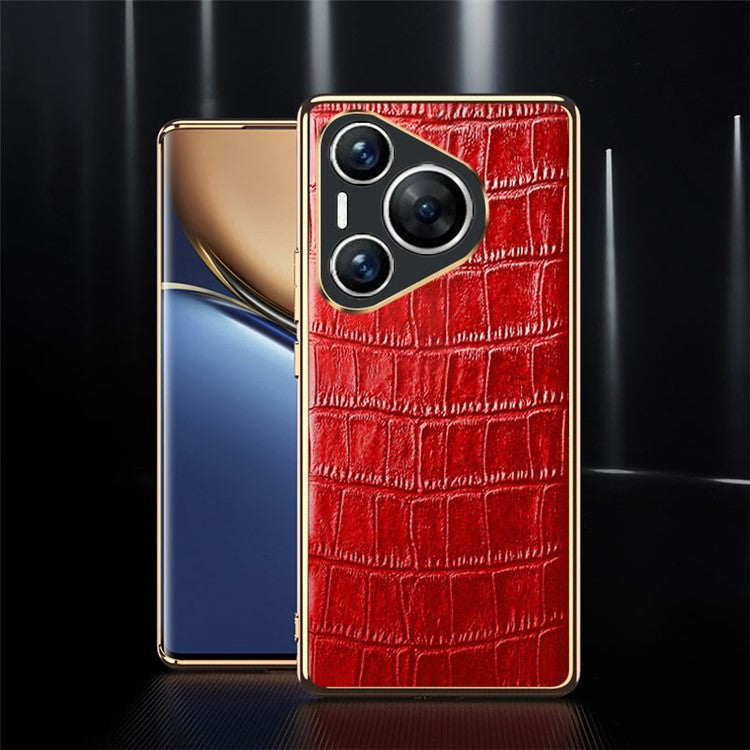 For Huawei Pura 70 Case Crocodile Texture Genuine Cow Leather+TPU Phone Cover - Red