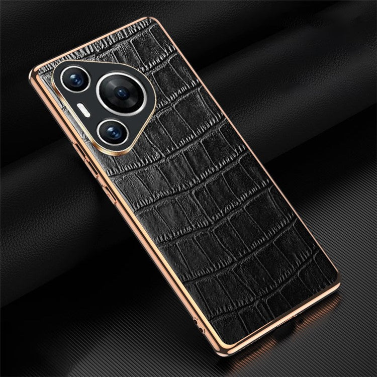 For Huawei Pura 70 Case Crocodile Texture Genuine Cow Leather+TPU Phone Cover - Red